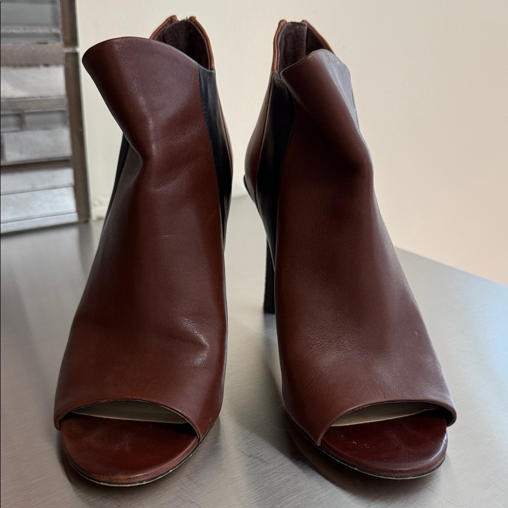 Vince Camuto Brown and Black Heeled Peep Toe Boots - Picture 2 of 8